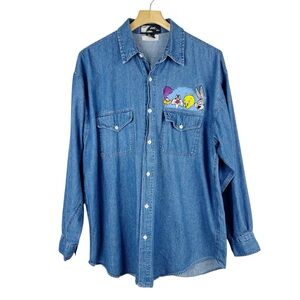 Vintage Top Line Warner Brothers Looney Tunes Denim Button Down Large